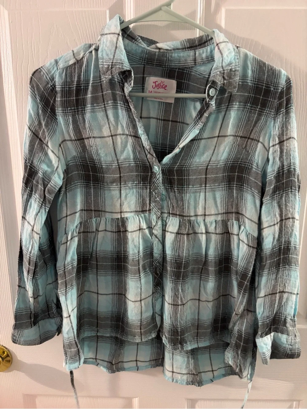 Justice Teal and Black Plaid Button-Up Top